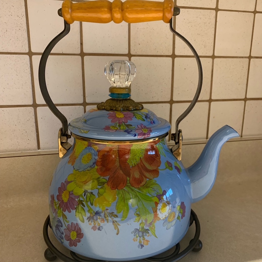 Mackenzie Childs light blue flower market tea kettle